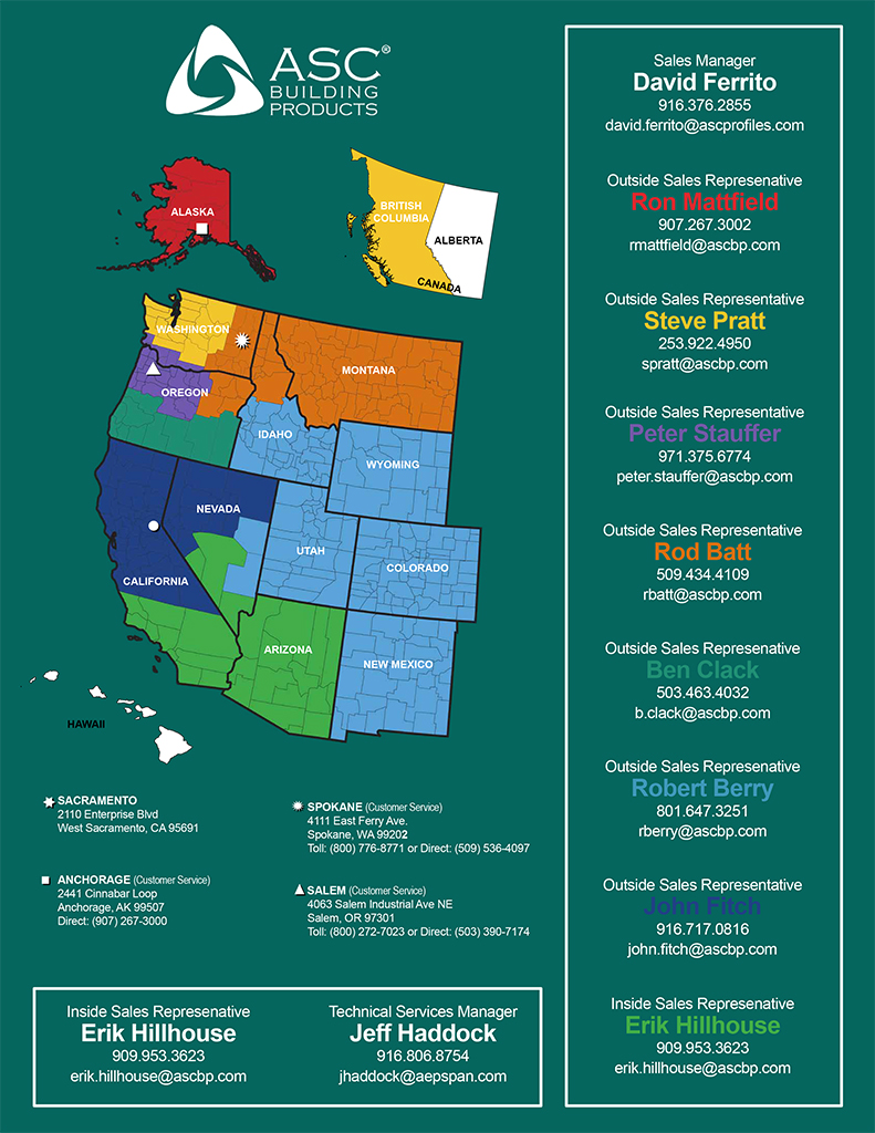 Contact Information - ASC Building Products sales map of the West Coast