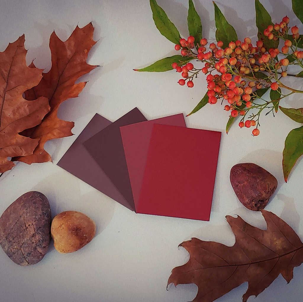FLAT LAY COLORS - Patina Steel, Chestnut Brown, Canyon Red, and Rustic Red