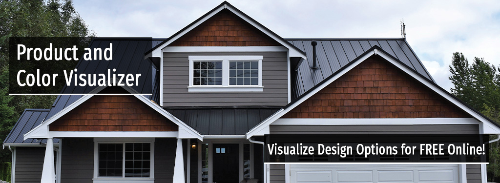 Product and Color Visualizer Header image of a residential home with metal roofing