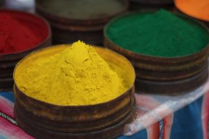 Brightly colored organic pigments.